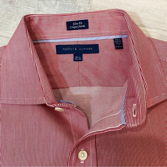 Tommy Hilfiger Slim Fit Red and White PinStriped Button Down 16.5 neck - Picture 7 of 15